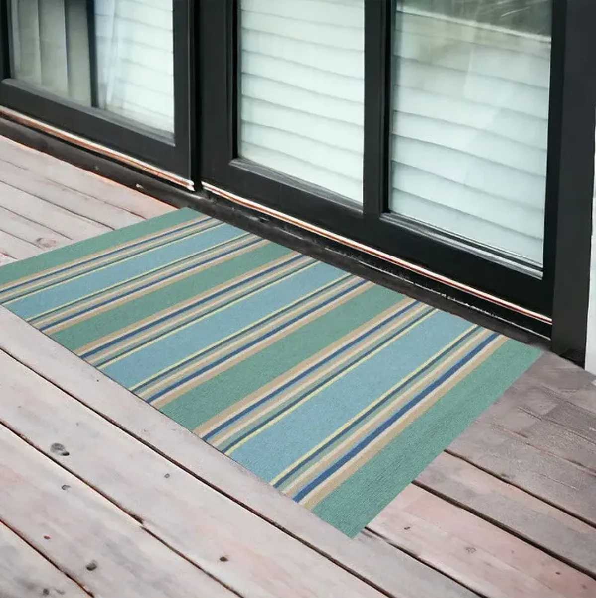 2' X 3' Striped Handmade Indoor / Outdoor Area Rug - Blue