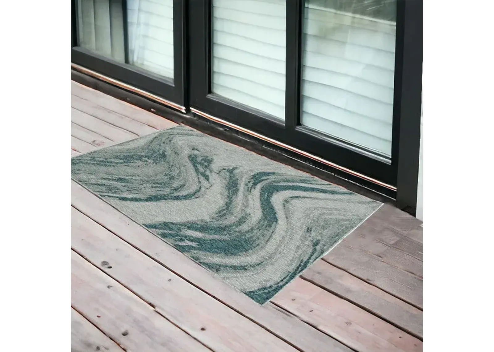 3' X 4' Machine Woven UV Treated Abstract Waves Indoor / Outdoor Accent Rug - Gray Teal