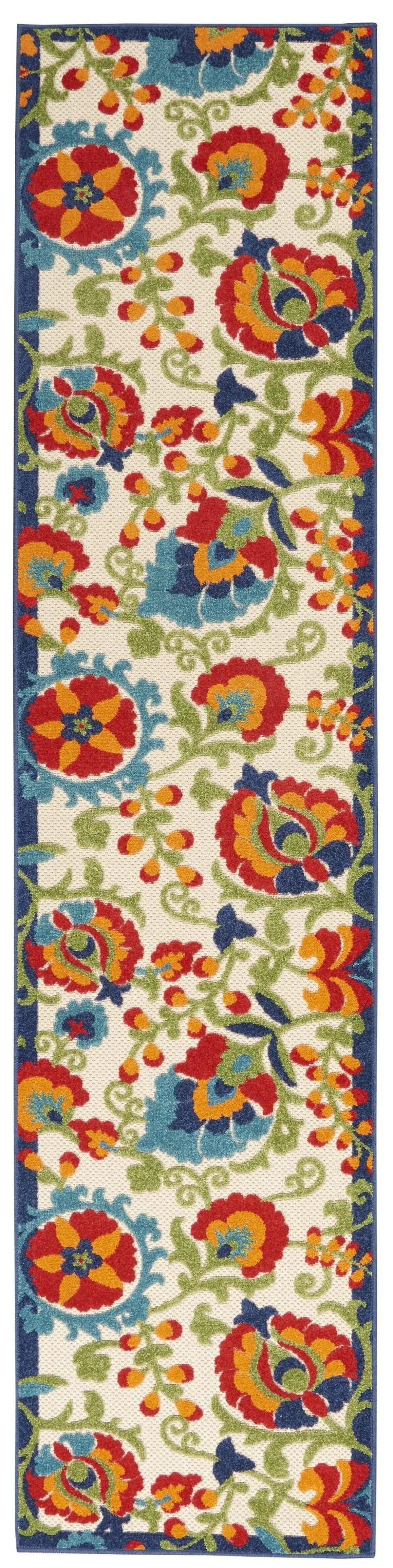 2' X 10' Floral Outdoor / Indoor Area Rug - Green / Ivory