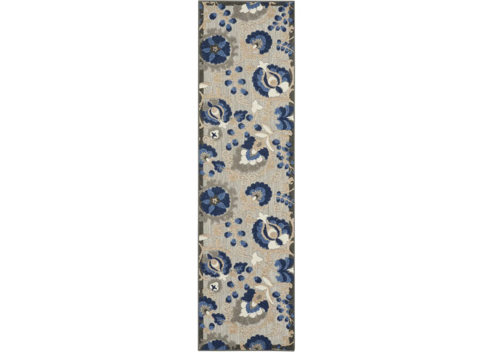 2' X 10' Floral Outdoor & Indoor Area Rug - Blue / Gray