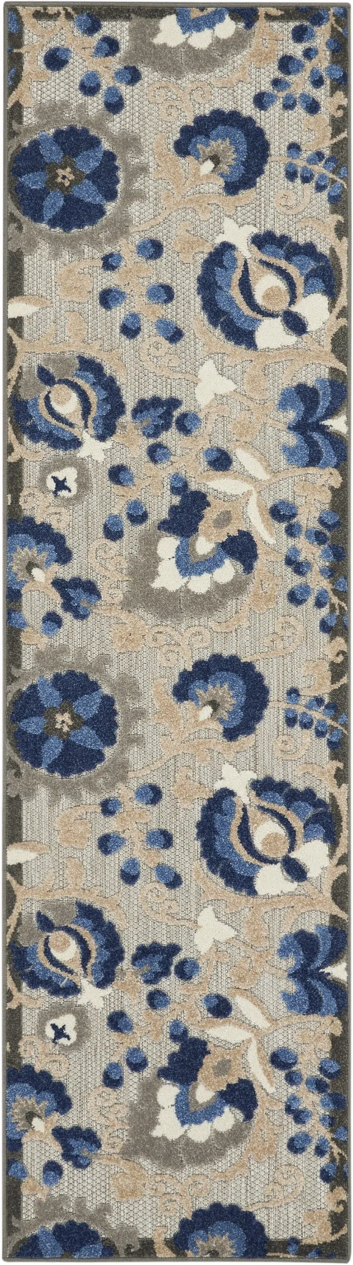 2' X 10' Floral Outdoor & Indoor Area Rug - Blue / Gray