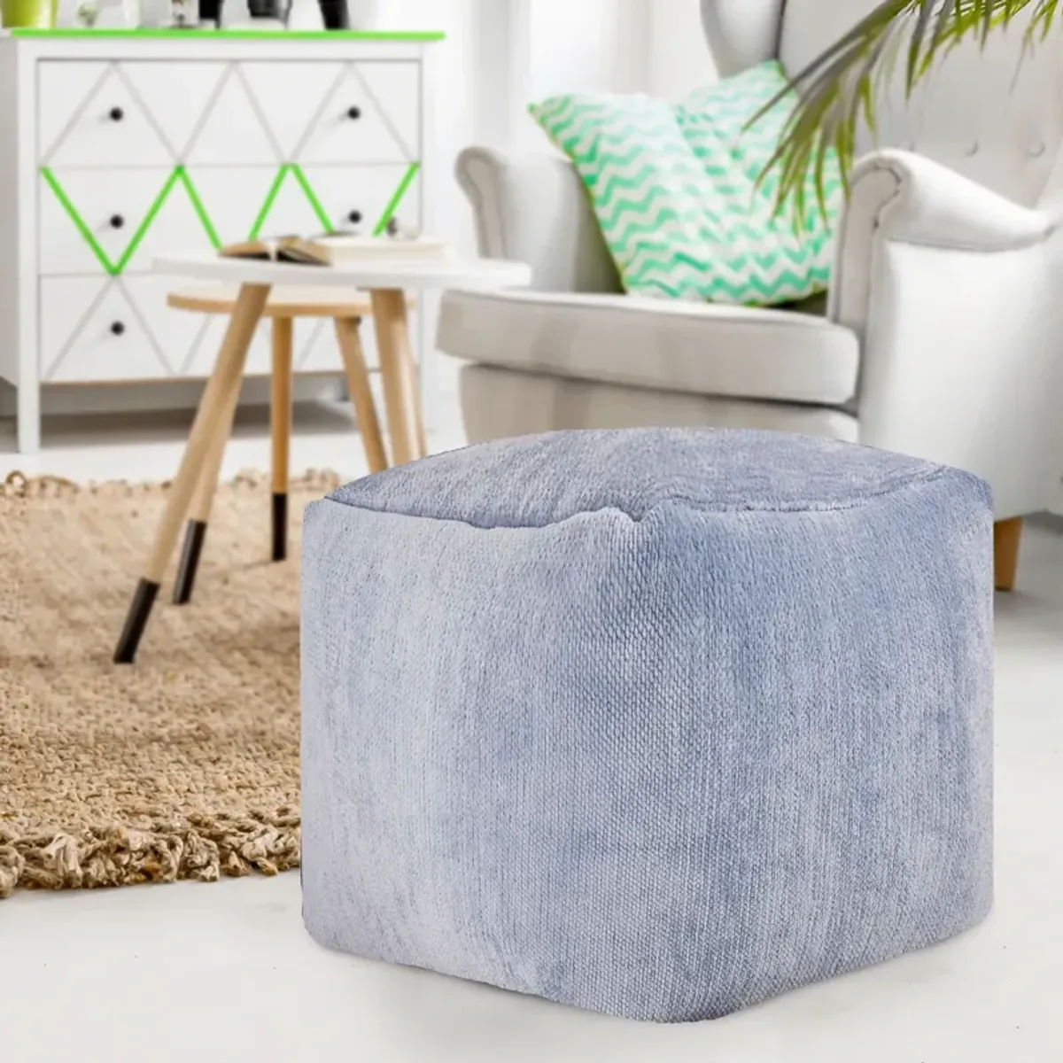 Chenille Cube Pouf Ottoman - Blue