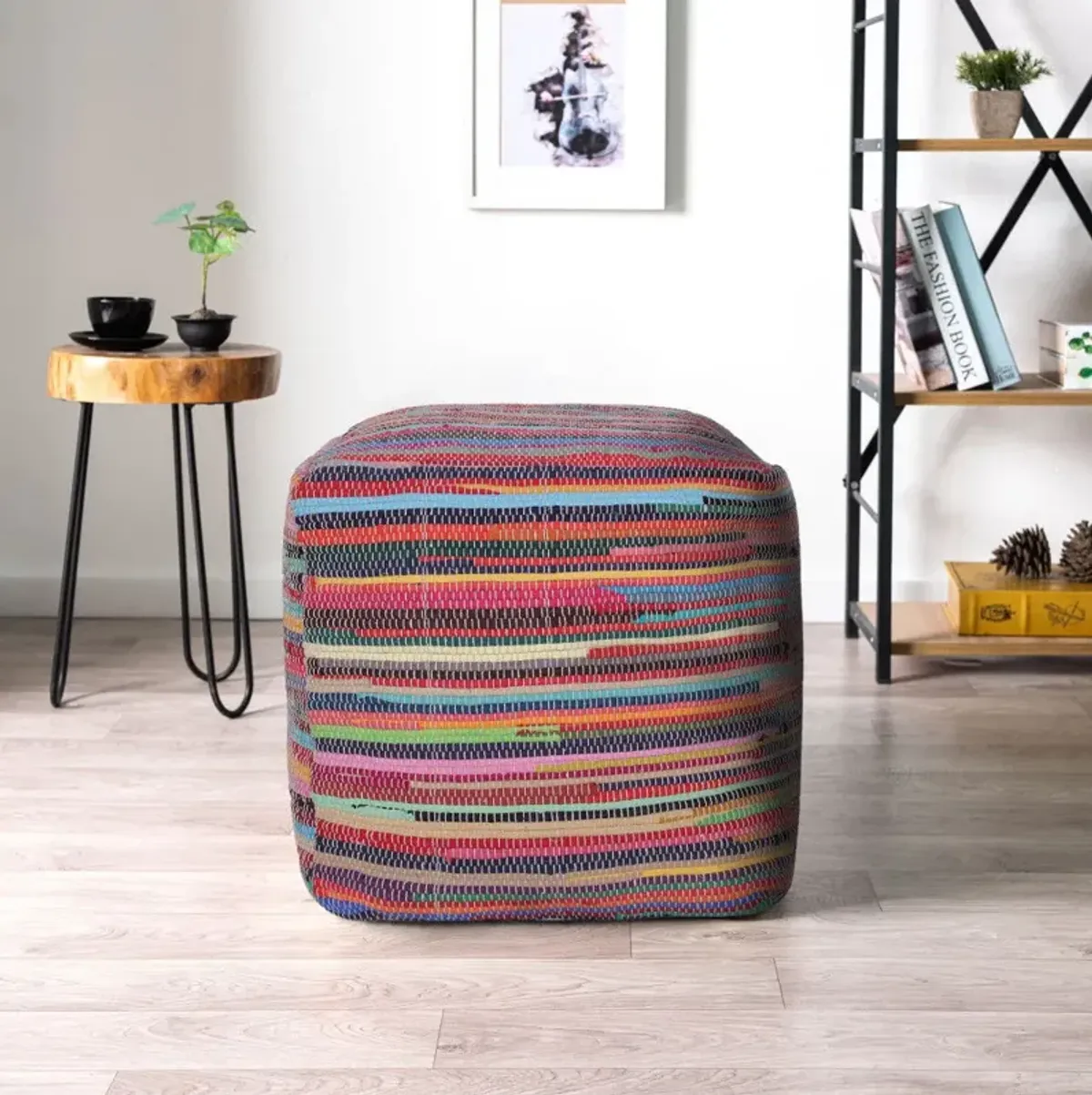 Cotton Cube Striped Pouf Ottoman - Red