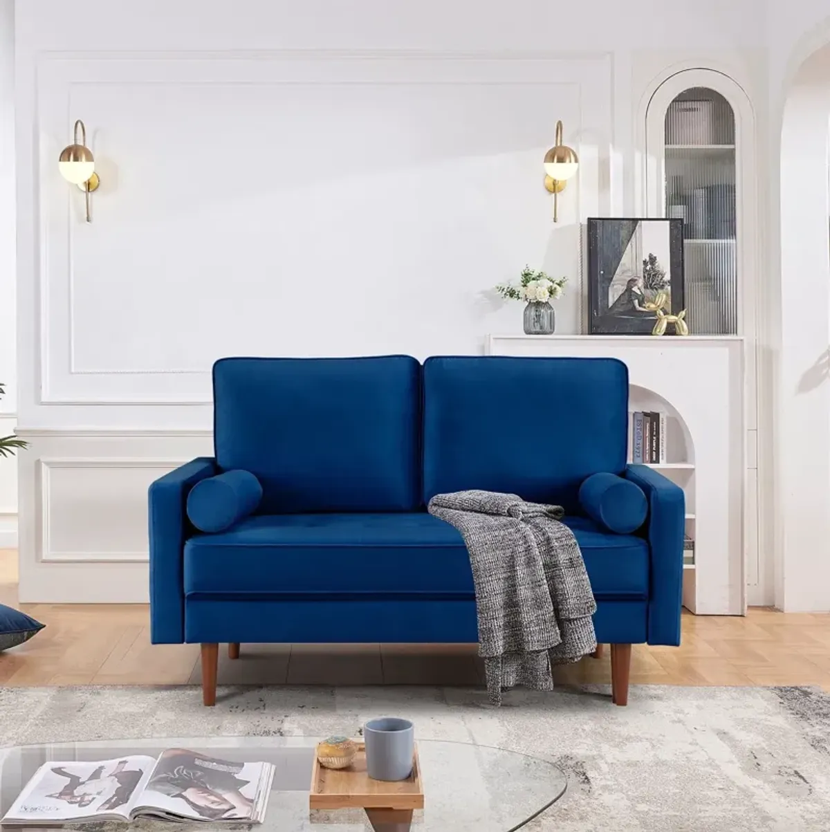 Velvet Loveseat And Toss Pillows - Blue / Dark Brown