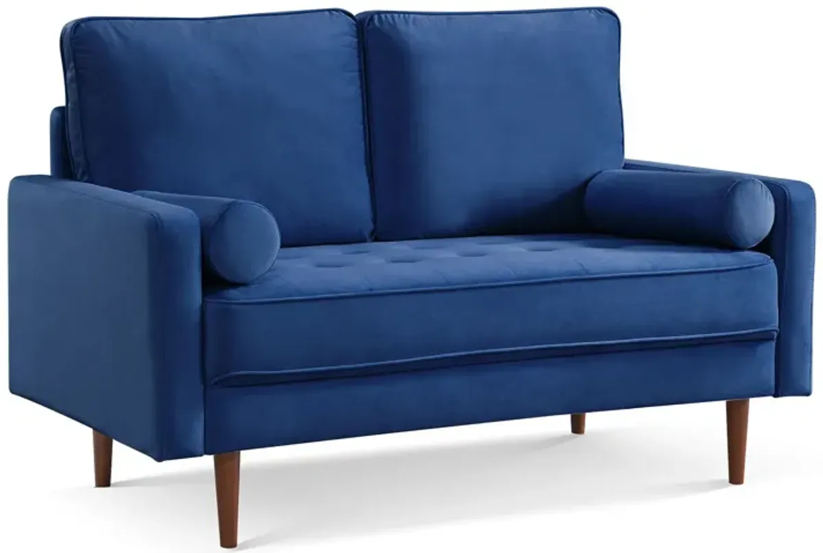 Velvet Loveseat And Toss Pillows - Blue / Dark Brown