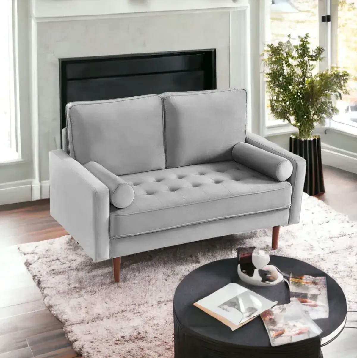 Velvet Loveseat And Toss Pillows - Gray / Dark Brown