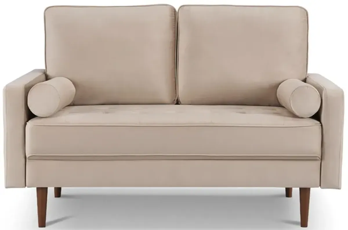 Brown Velvet Loveseat And Toss Pillows - Beige / Dark