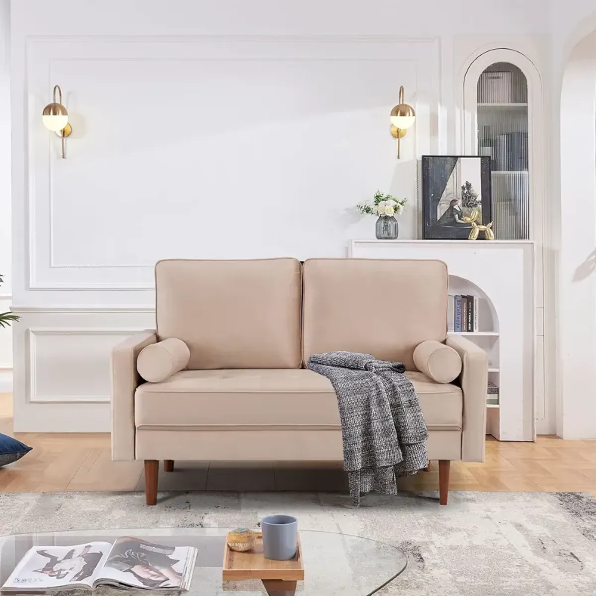 Brown Velvet Loveseat And Toss Pillows - Beige / Dark