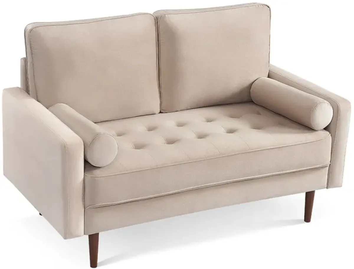 Brown Velvet Loveseat And Toss Pillows - Beige / Dark