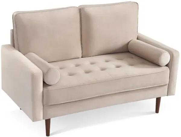 Brown Velvet Loveseat And Toss Pillows - Beige / Dark