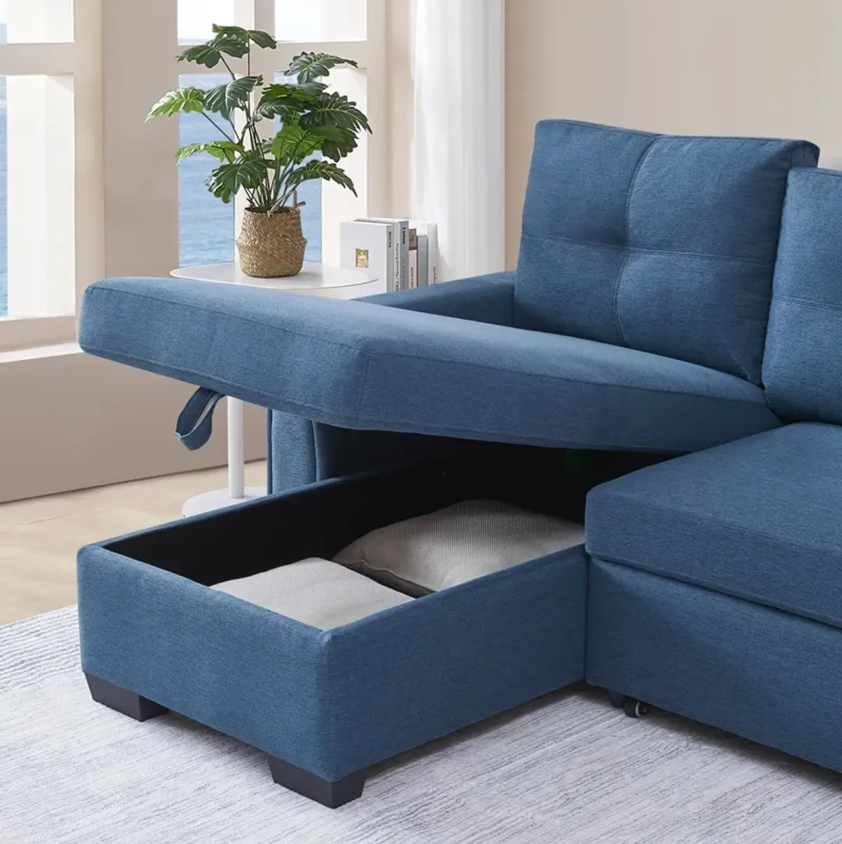 Polyester Blend Convertible Futon Sleeper Sofa With Black Legs - Blue