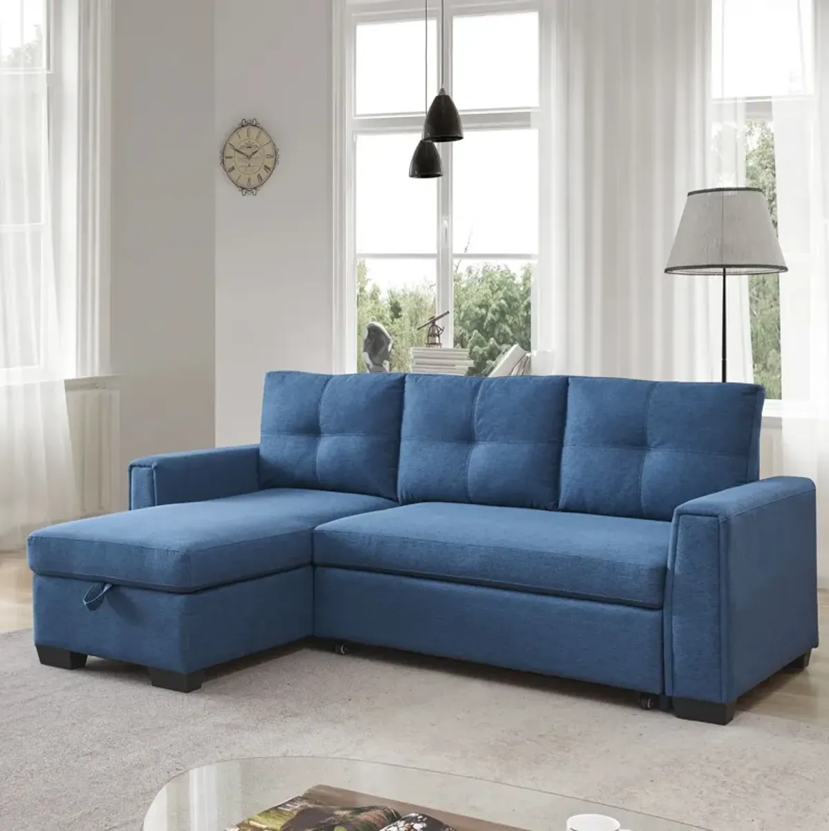 Polyester Blend Convertible Futon Sleeper Sofa With Black Legs - Blue