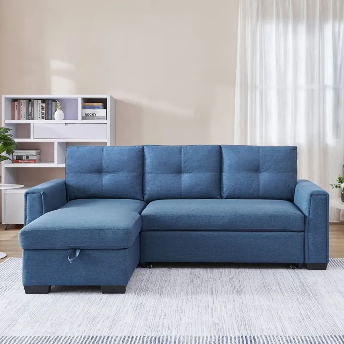 Polyester Blend Convertible Futon Sleeper Sofa With Black Legs - Blue