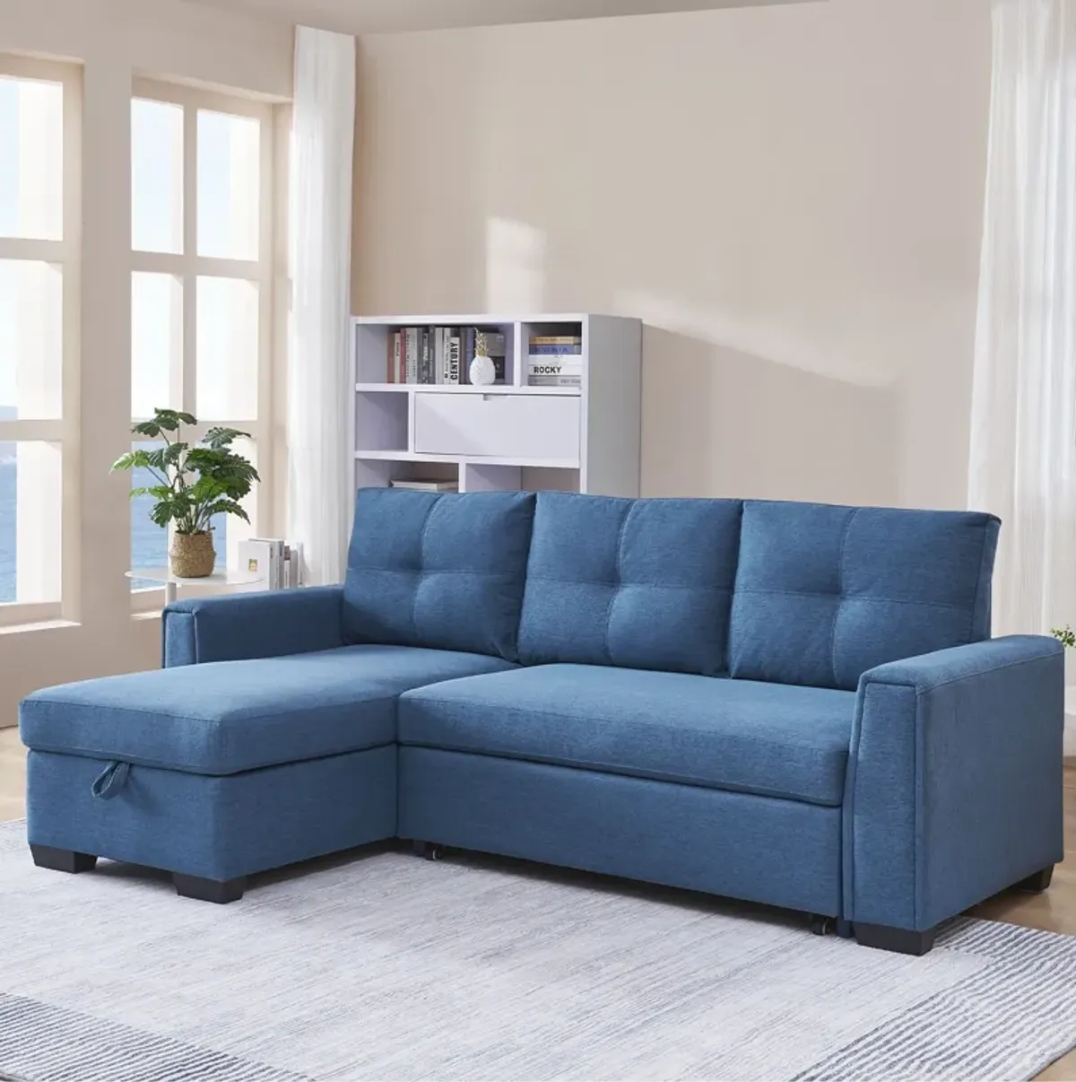 Polyester Blend Convertible Futon Sleeper Sofa With Black Legs - Blue