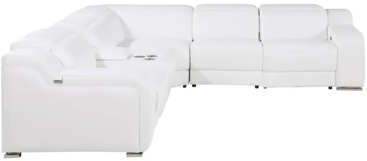 Italian Leather Power Reclining L Shaped Six Piece Corner Sectional With Console - White