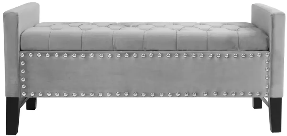 Upholstered Velvet Bench With Flip Top - Light Gray / Black