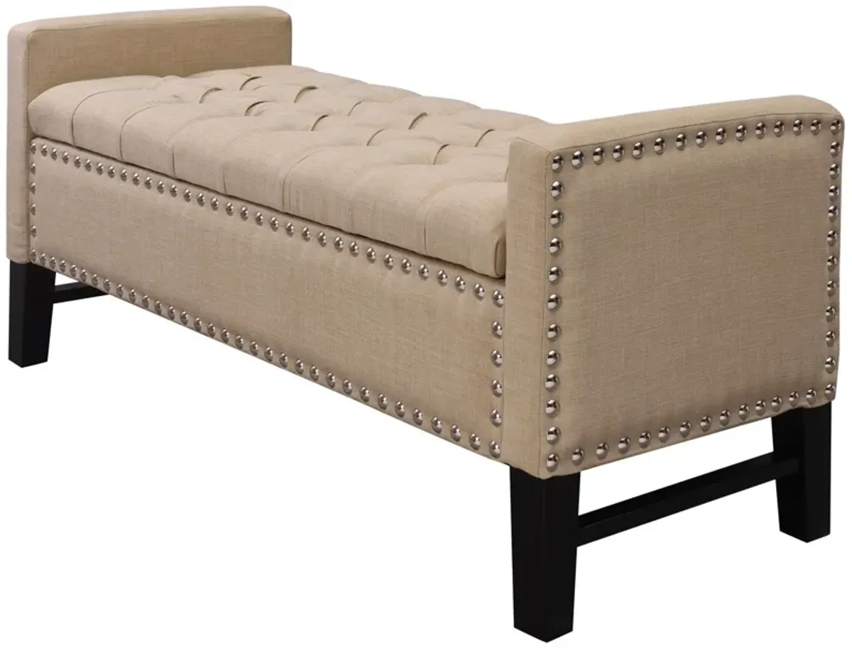 Upholstered Linen Bench With Flip Top - Beige / Black