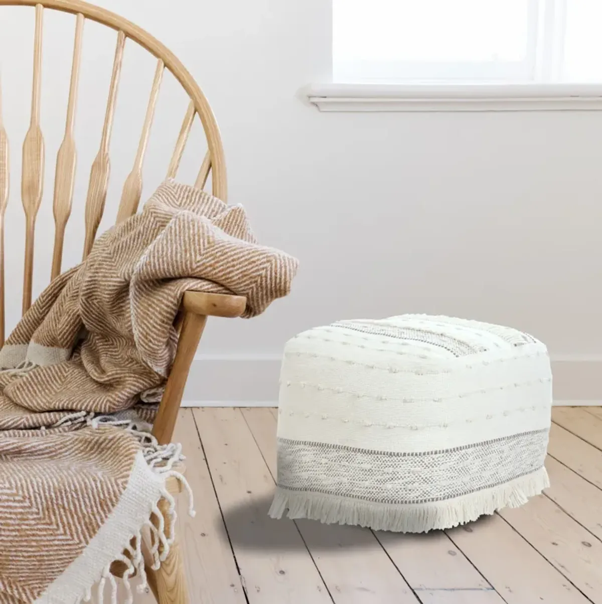 Cotton Striped Pouf Ottoman - Cream