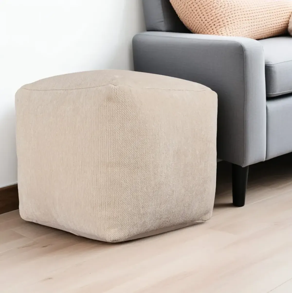 Chenille Cube Pouf Ottoman - Ivory