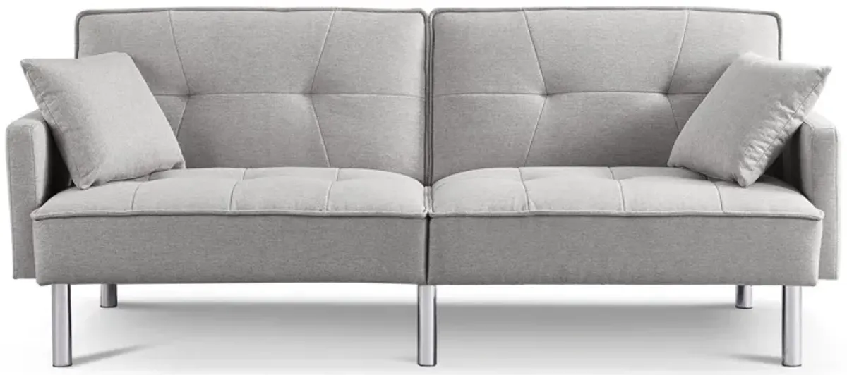 Polyester Blend Convertible Futon Sleeper Sofa And Toss Pillows With Silver Legs - Light Gray