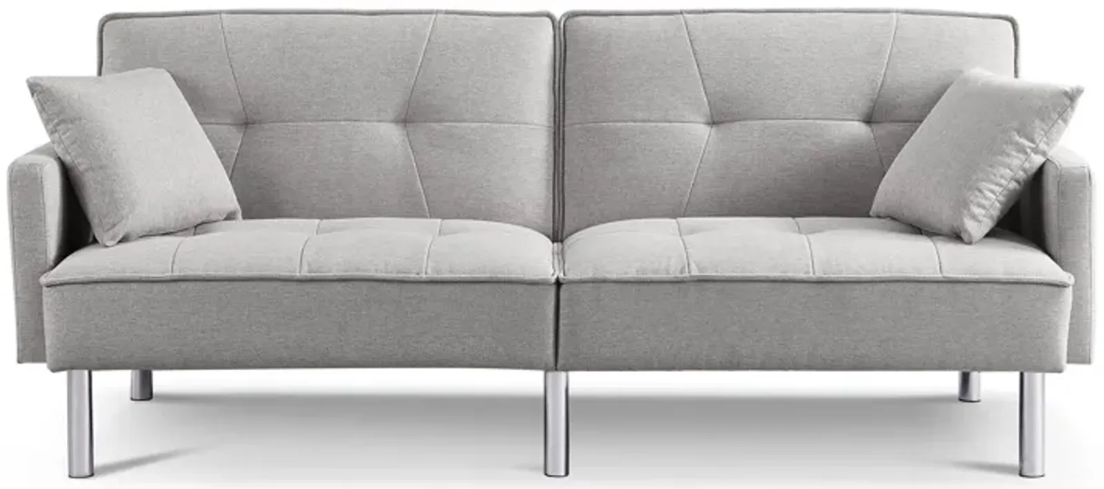 Polyester Blend Convertible Futon Sleeper Sofa And Toss Pillows With Silver Legs - Light Gray