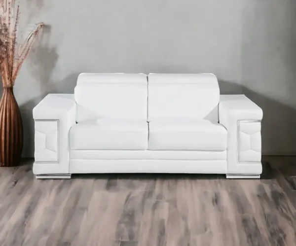 Genuine Leather Love Seat - White / Silver