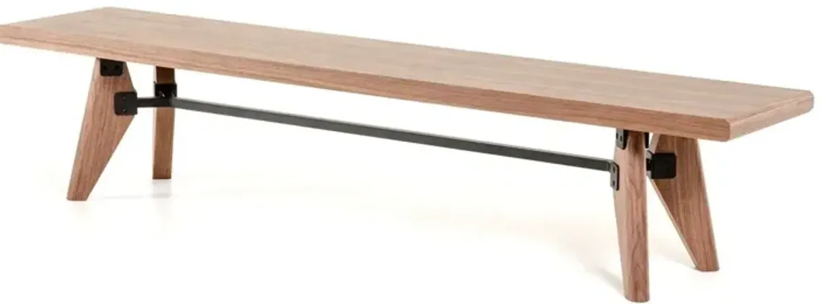 Modern Dining Bench With Silky Black Metal Support Bar - Walnut