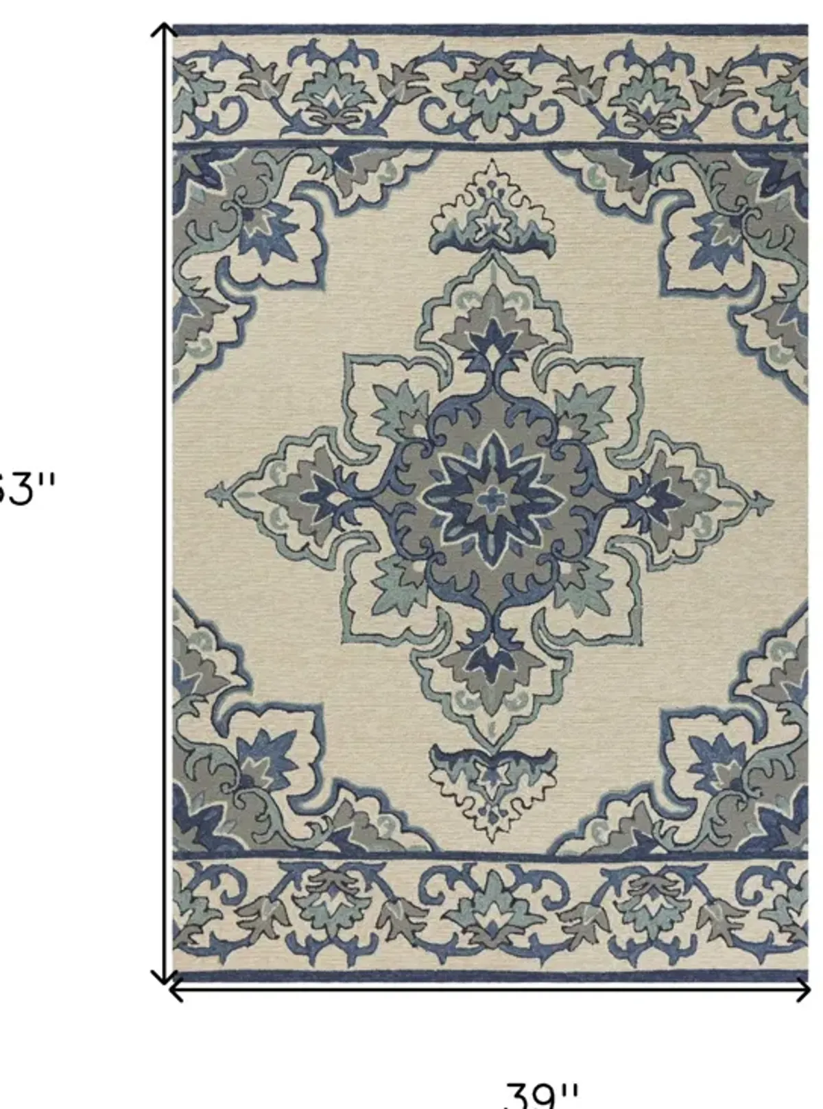 3' X 5' Damask Handmade Indoor / Outdoor Area Rug - Ivory / Blue