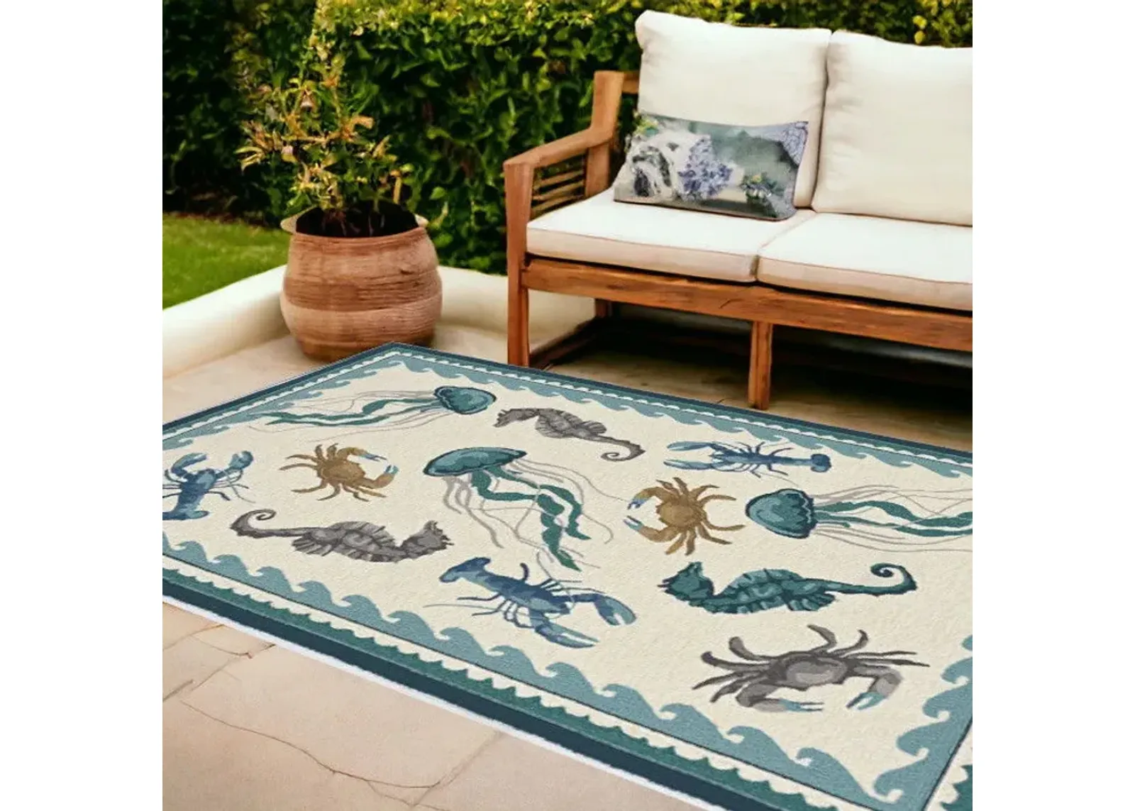 8' X 10' Hand Woven UV Treated Coastal Sea Life Indoor / Outdoor Area Rug - Ivory Teal