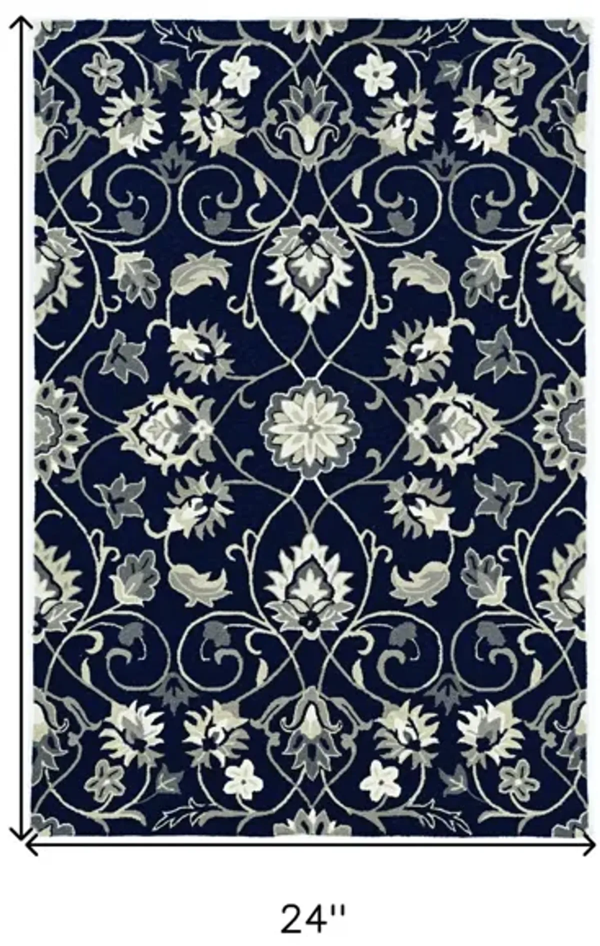 2' X 3' Hand Hooked UV Treated Floral Vines Indoor / Outdoor Accent Rug - Navy Blue