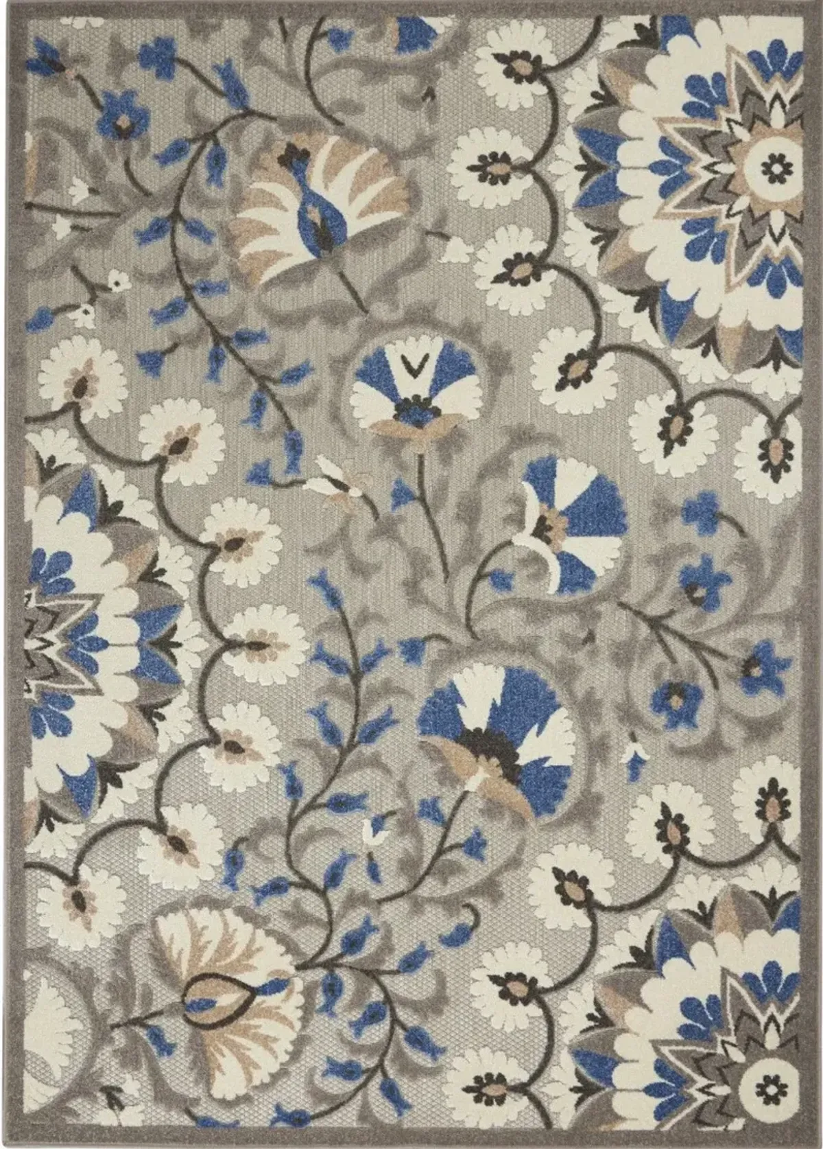 4' X 6' Floral Indoor & Outdoor Area Rug - Blue / Gray