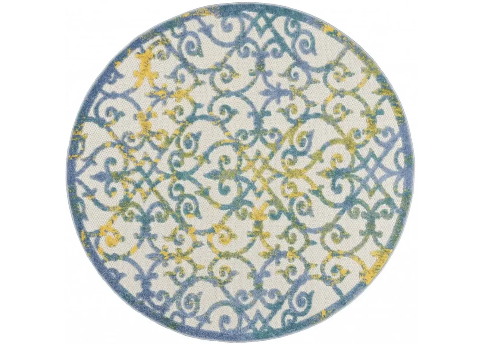 4' Round Round Floral Indoor & Outdoor Area Rug - Ivory / Blue