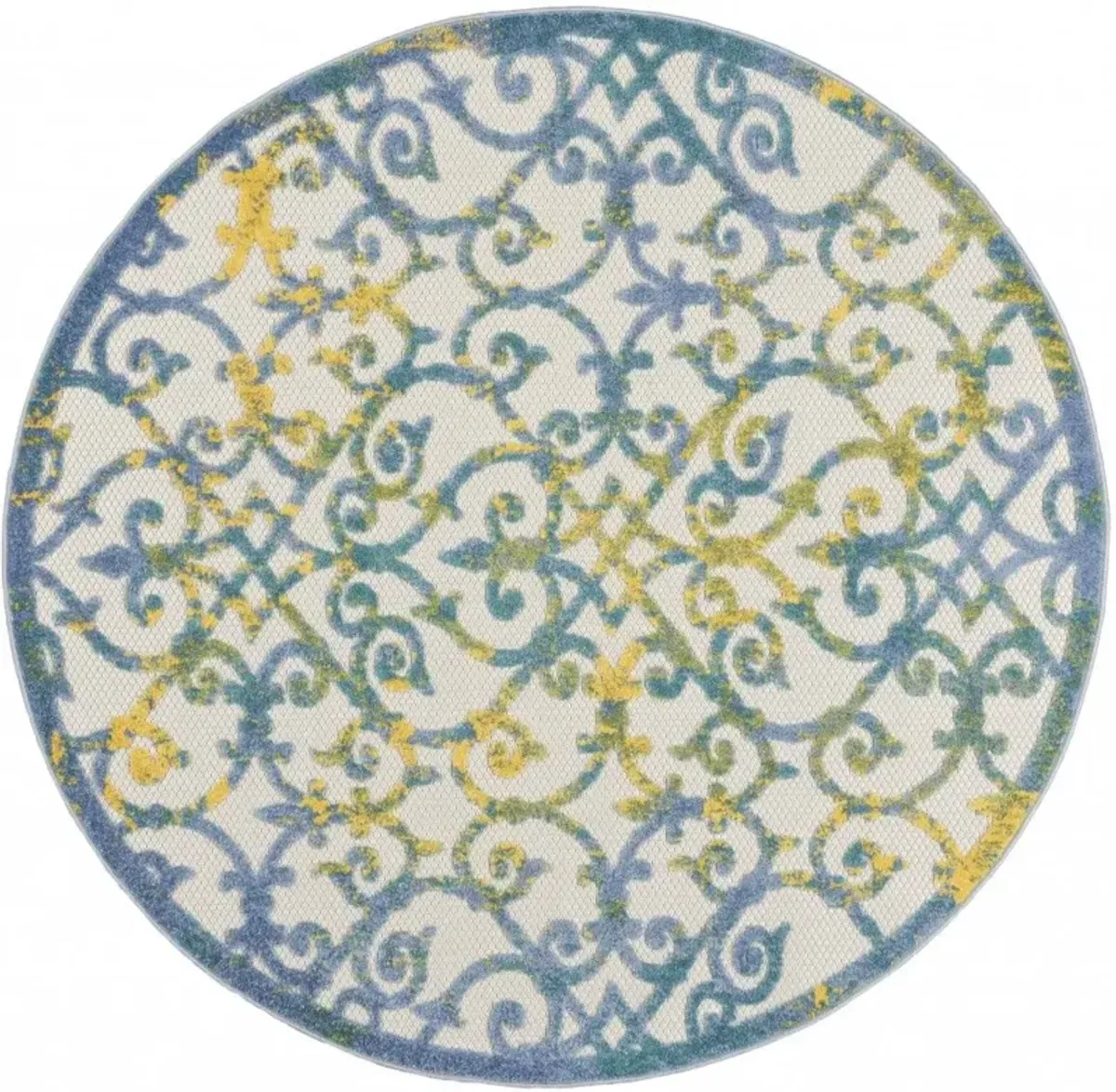 4' Round Round Floral Indoor & Outdoor Area Rug - Ivory / Blue