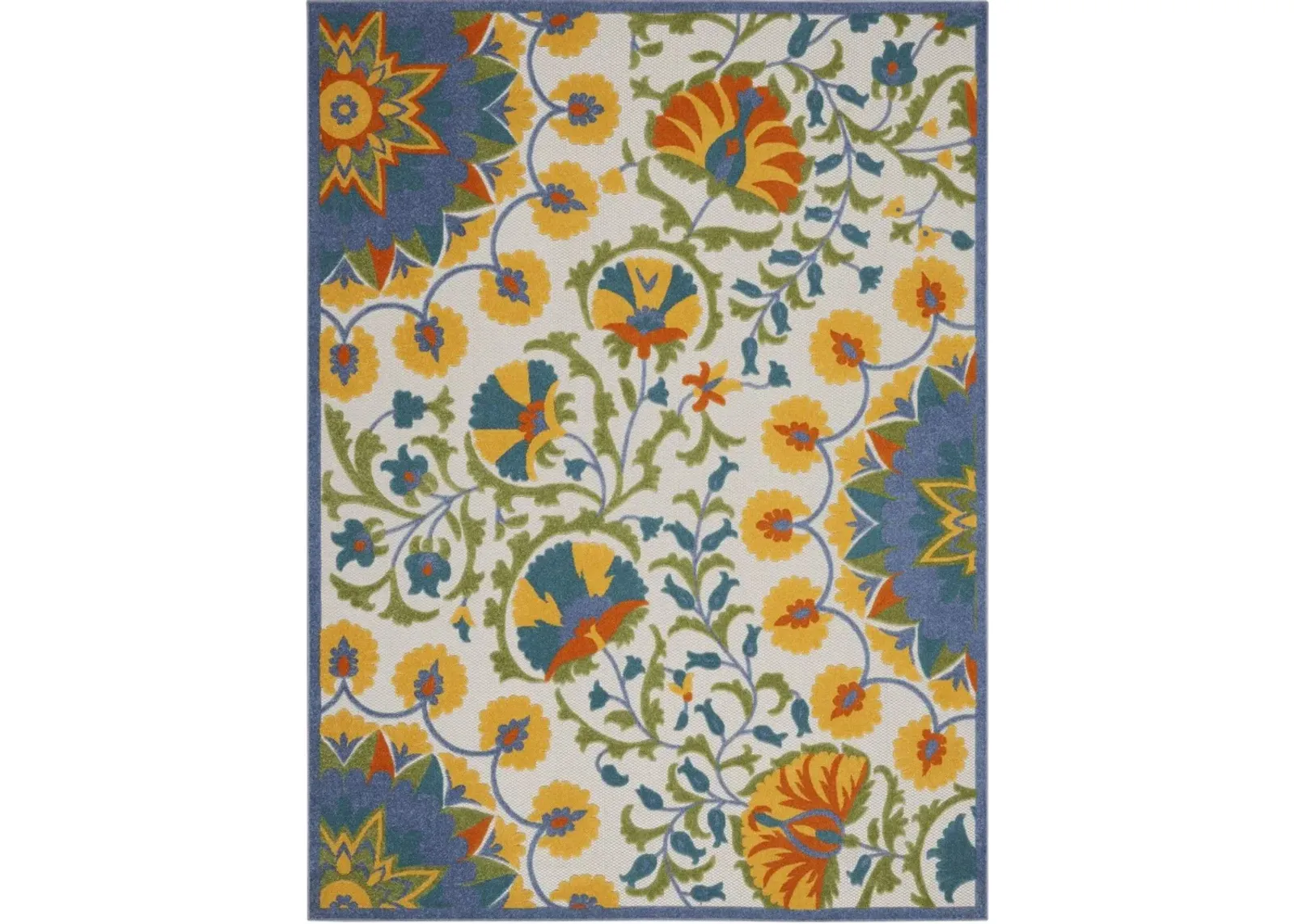 8' X 11' Floral Stain Resistant Indoor / Outdoor Area Rug - Ivory / Blue