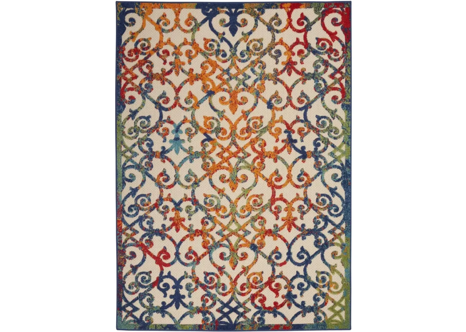 5' X 8' Floral Outdoor & Indoor Area Rug - Ivory / Blue