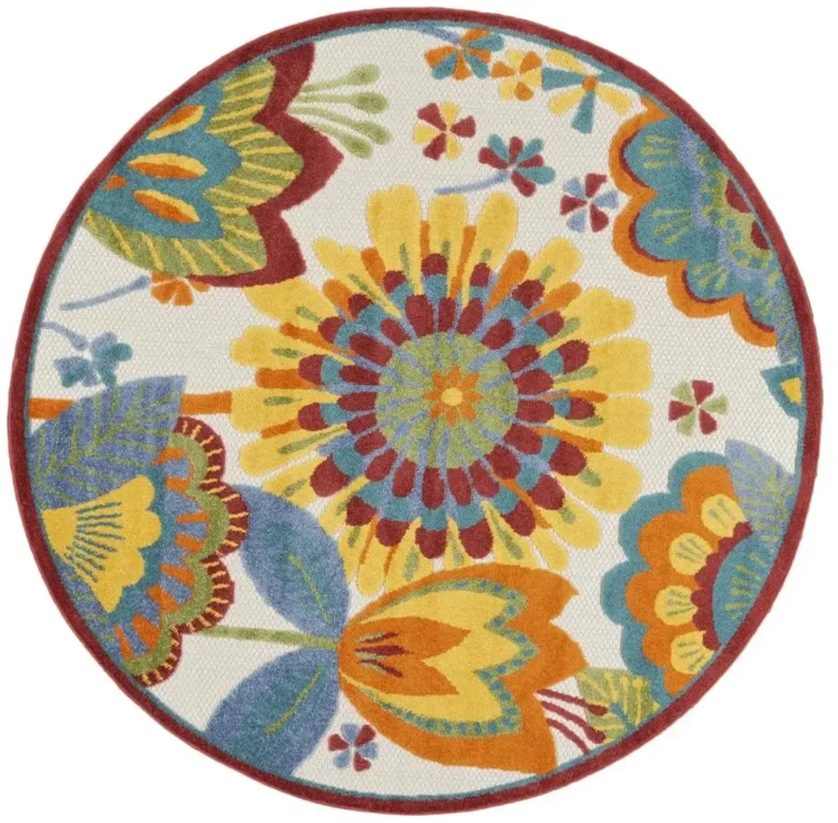 5' Round Round Floral Indoor / Outdoor Area Rug - Yellow / Ivory