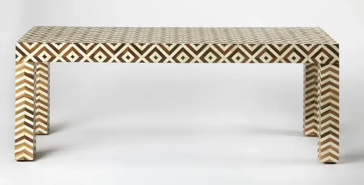 Teak And Bone Inlay Bench - Geo / Chevron