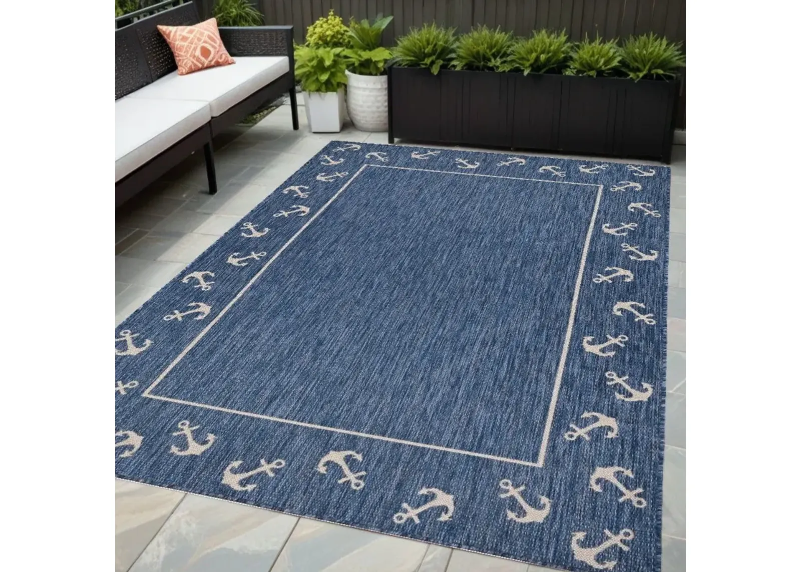 5' X 7' Nautical Anchor Indoor / Outdoor Area Rug - Blue / Natural