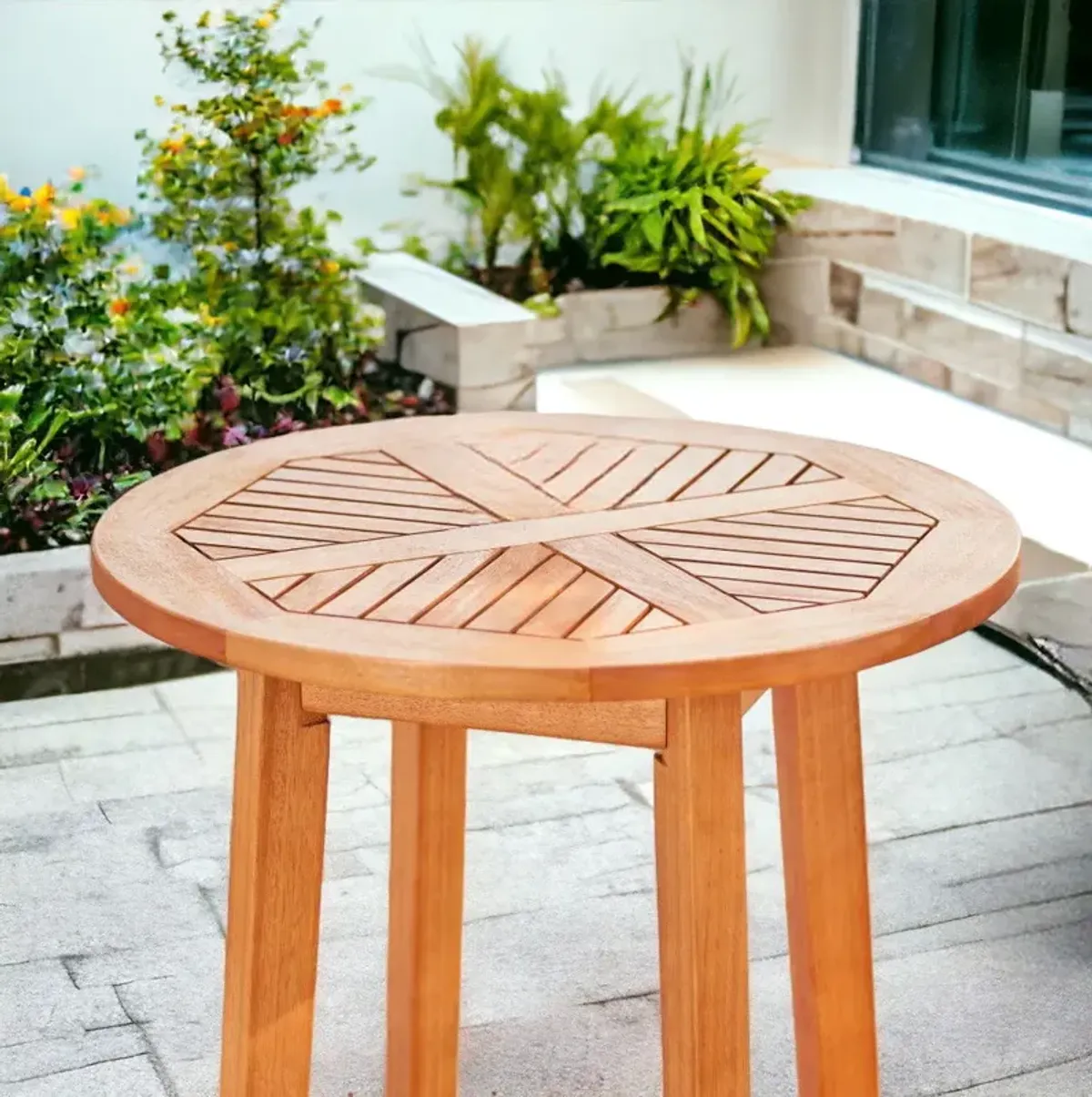 Slat Wood Outdoor Round Bar Table - Natural Eucalyptus