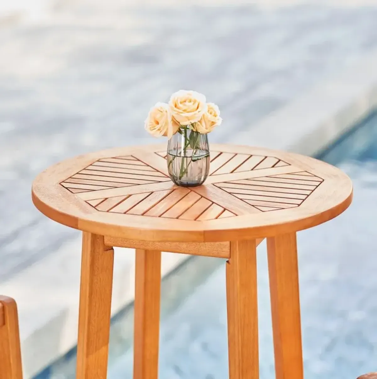 Slat Wood Outdoor Round Bar Table - Natural Eucalyptus