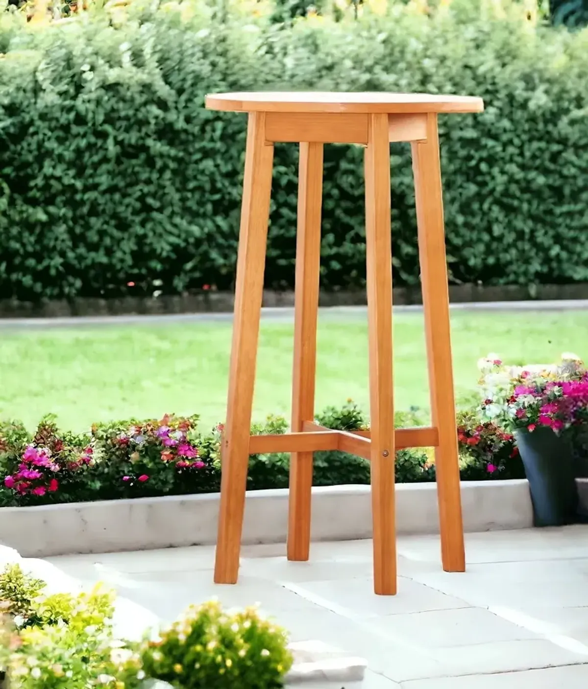 Slat Wood Outdoor Round Bar Table - Natural Eucalyptus