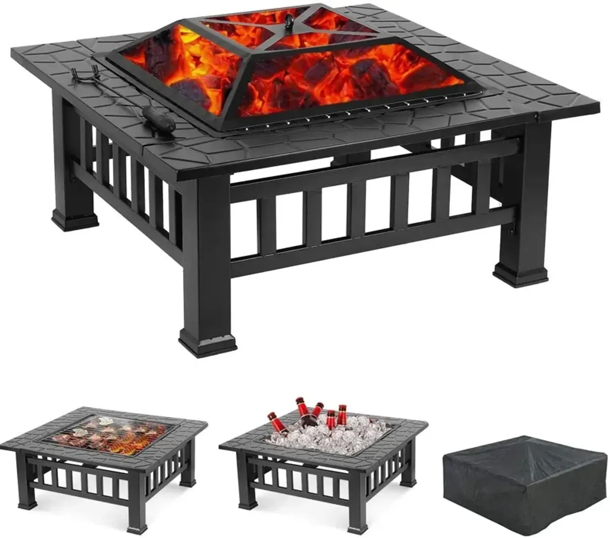 Square Charcoal Or Wood Burning Fire Pit With Cover - Black