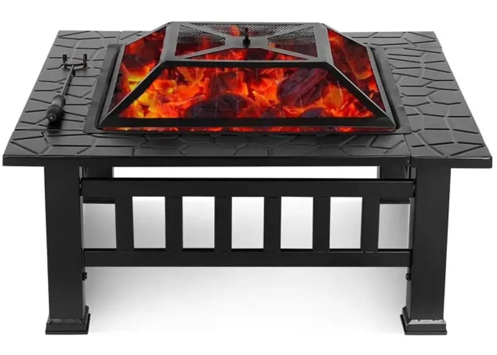 Square Charcoal Or Wood Burning Fire Pit With Cover - Black