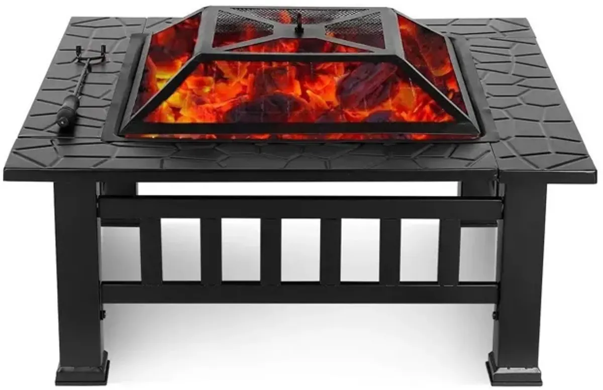 Square Charcoal Or Wood Burning Fire Pit With Cover - Black