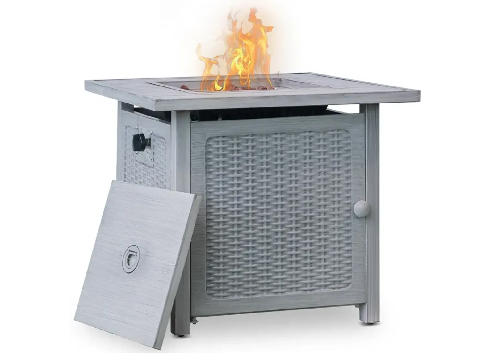 Rattan Design Square Propane Fire Pit With Lava Rocks And Cover - Ashy Gray