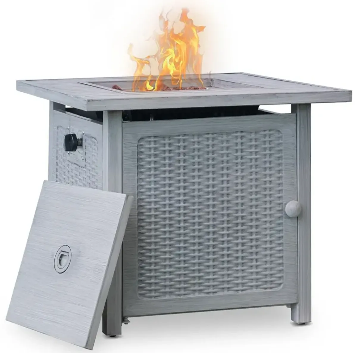 Rattan Design Square Propane Fire Pit With Lava Rocks And Cover - Ashy Gray