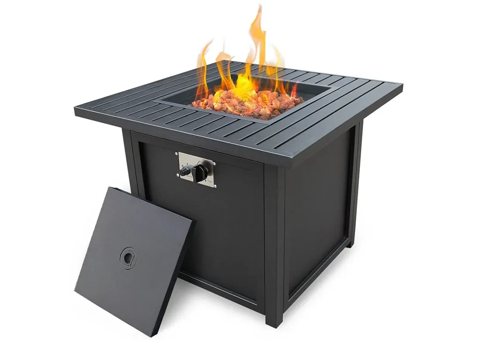 Square Propane Fire Pit With Lava Rocks And Cover - Black