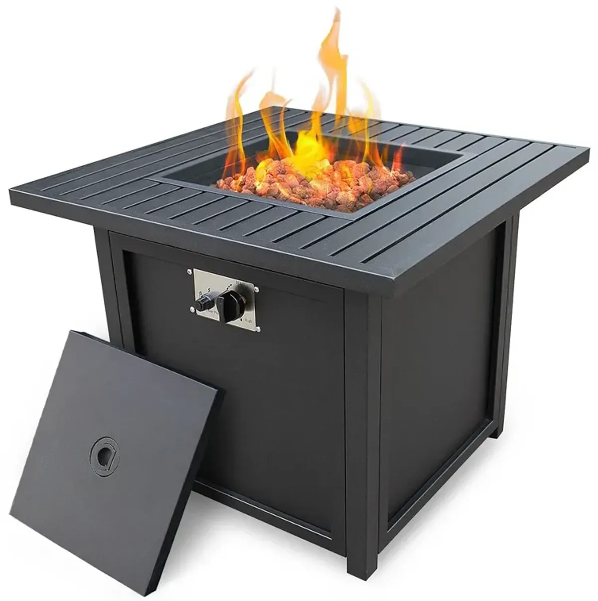 Square Propane Fire Pit With Lava Rocks And Cover - Black