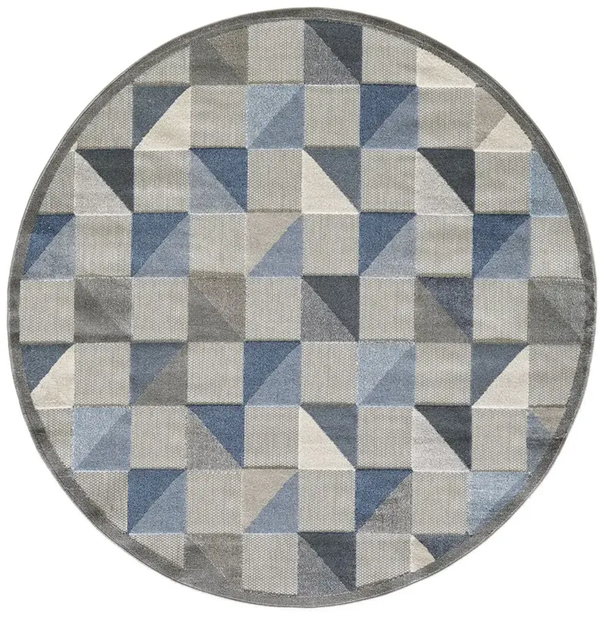 8' Round Round Geometric Stain Resistant Indoor / Outdoor Area Rug - Blue / Gray