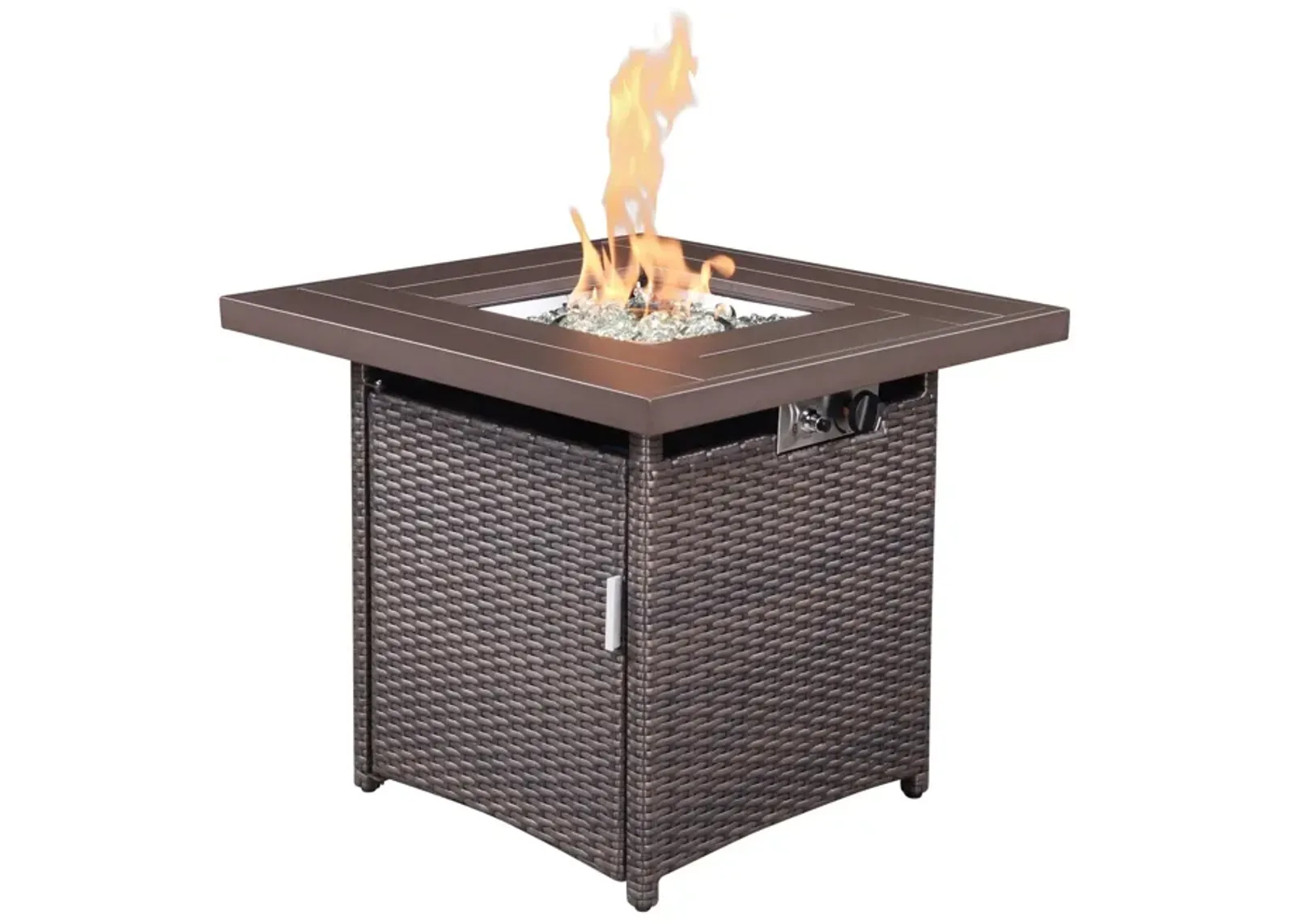 Faux Rattan Design Square Propane Fire Pit With Glass Bead Rocks - Brown